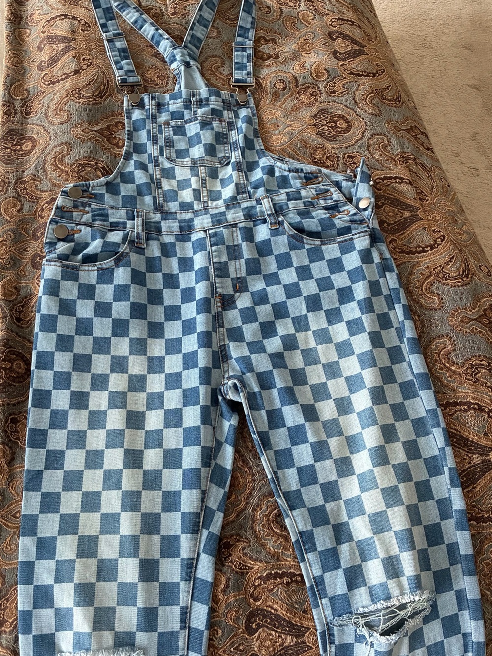 Fashion Nova Blue Checkered Denim Overalls